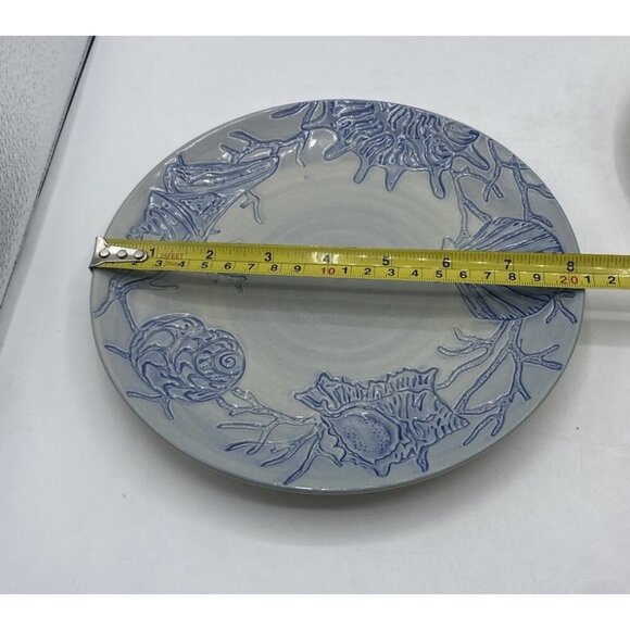 Pottery Barn Salad Plate Dessert Blue Shell Ocean Beach Coastal Coral  8" Lot 2 - Picture 8 of 13